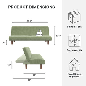 DHP Myla Armless Futon Sofa Bed - Sage Green - 3-Seater