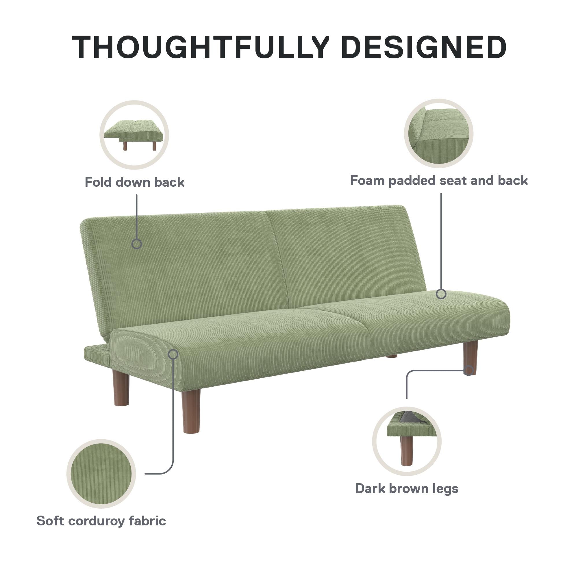 DHP Myla Armless Futon Sofa Bed - Sage Green - 3-Seater