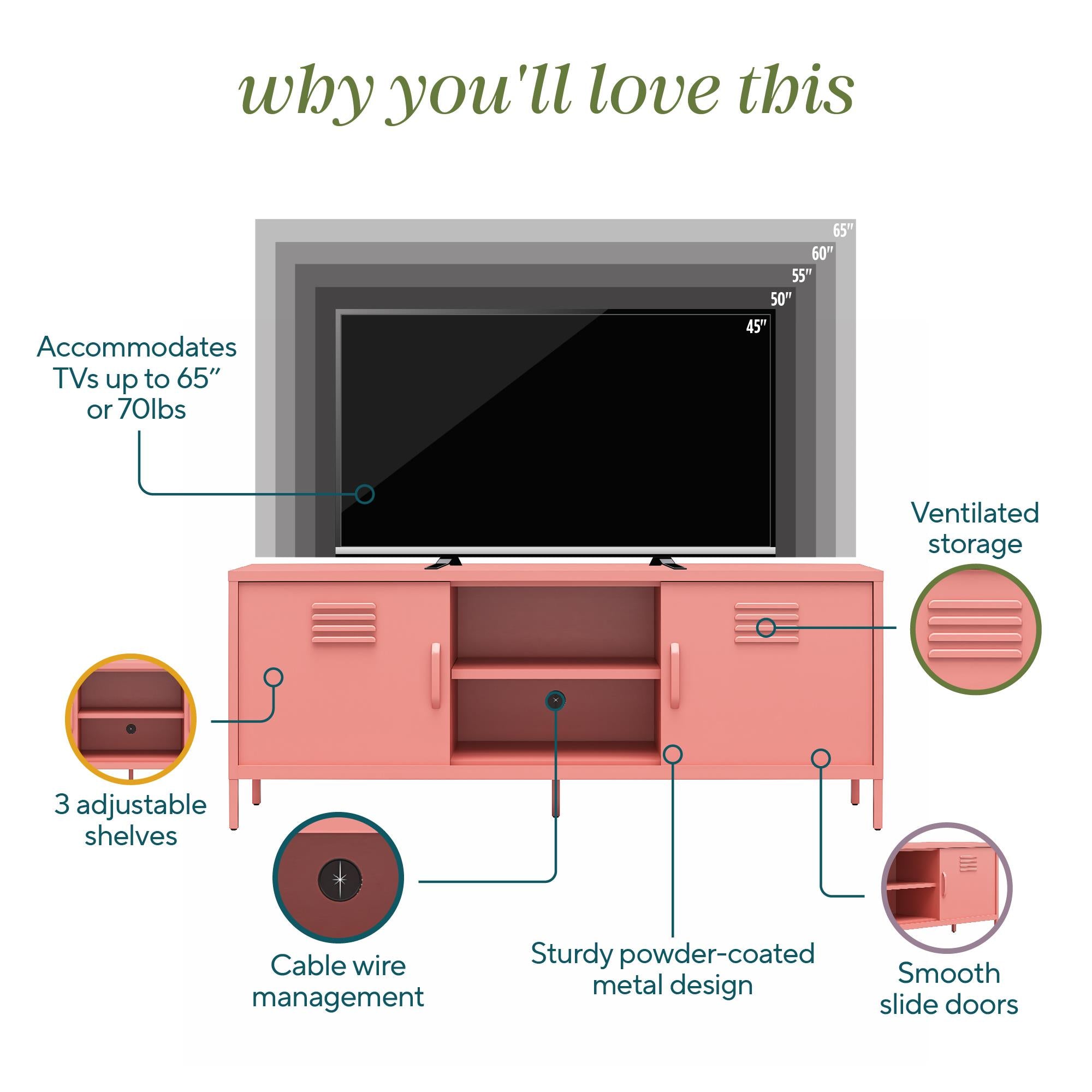 Novogratz Cache Metal Locker-Style TV Stand for TVs up to 65" - Dusty Rose