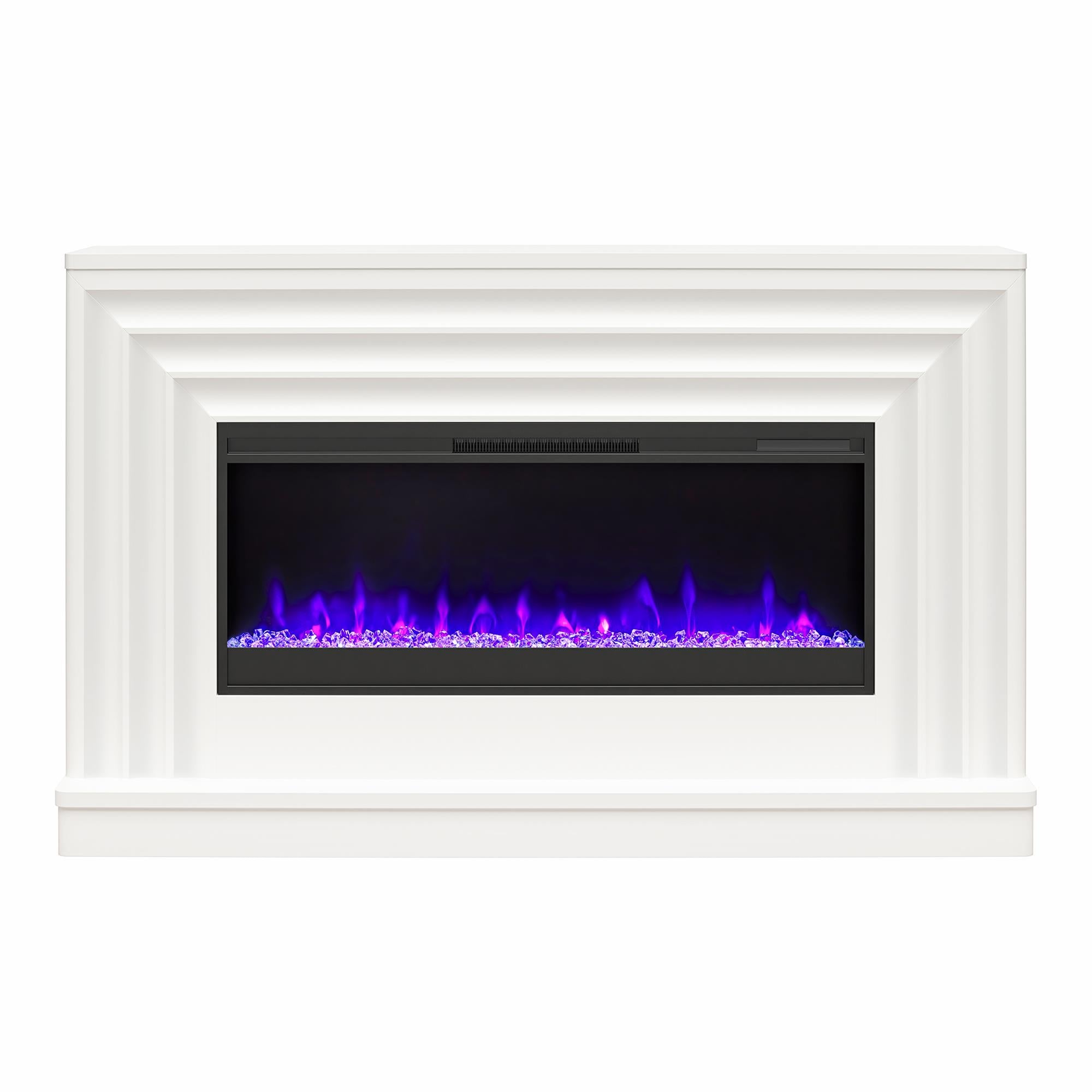 CosmoLiving Rene Electric Fireplace Mantel 65" TV Stand with Multi-Color Flame and Crystal Ember Bed - White