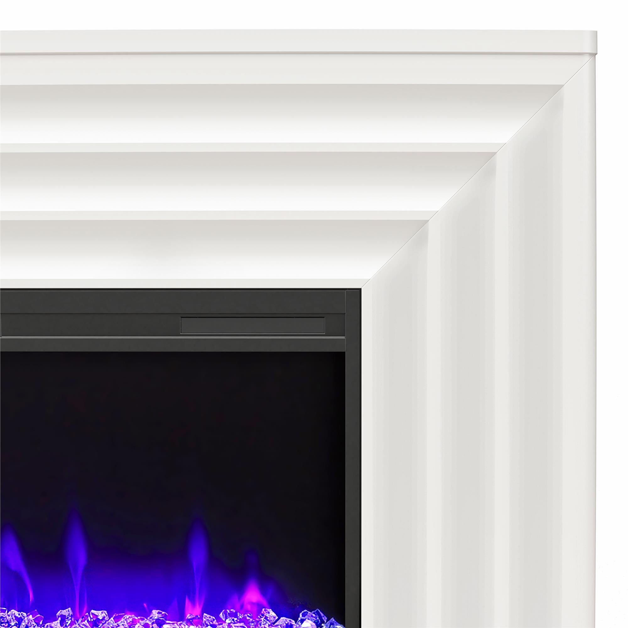 CosmoLiving Rene Electric Fireplace Mantel 65" TV Stand with Multi-Color Flame and Crystal Ember Bed - White