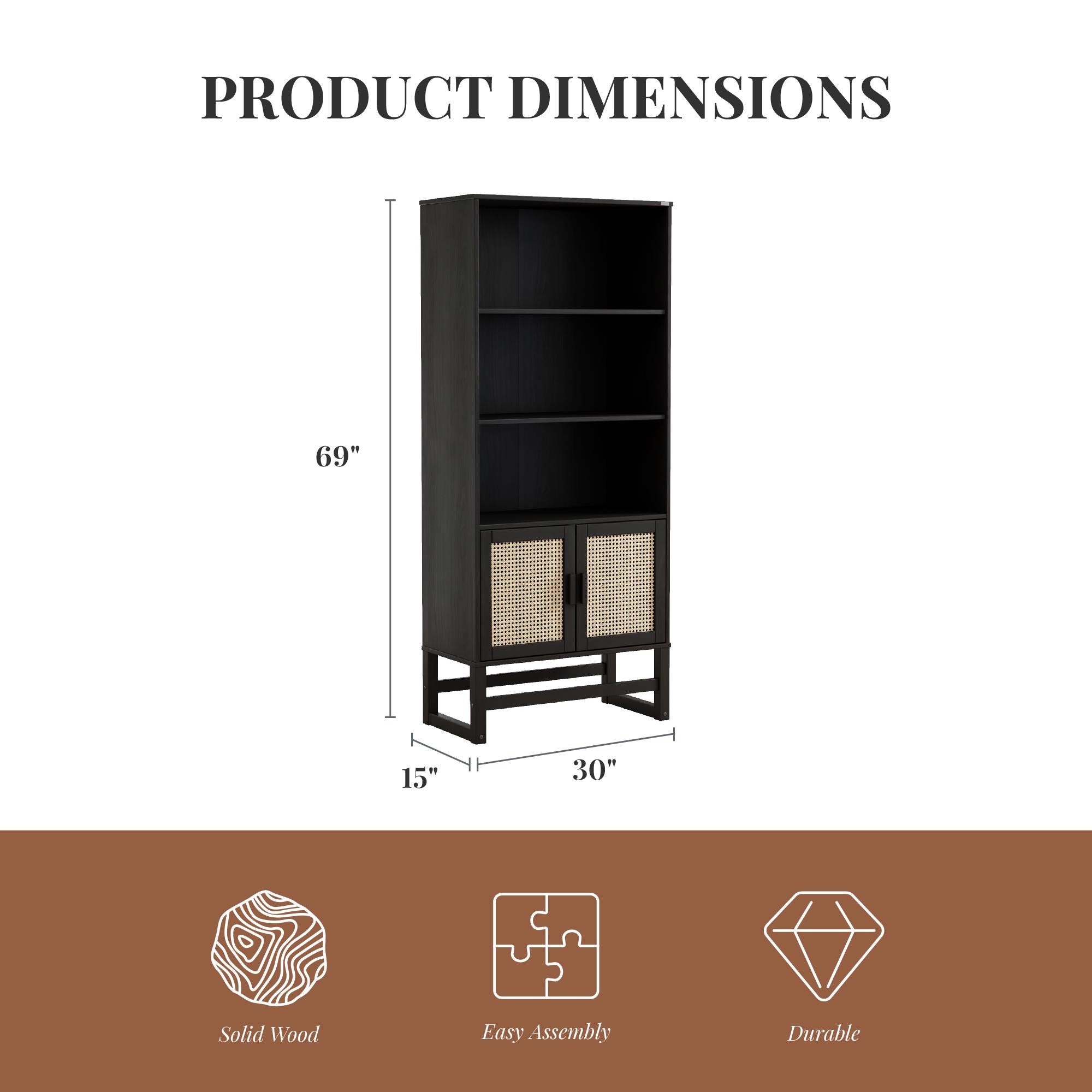 Ren Home Talo 3 Shelf Bookcase with 2 Doors - Espresso