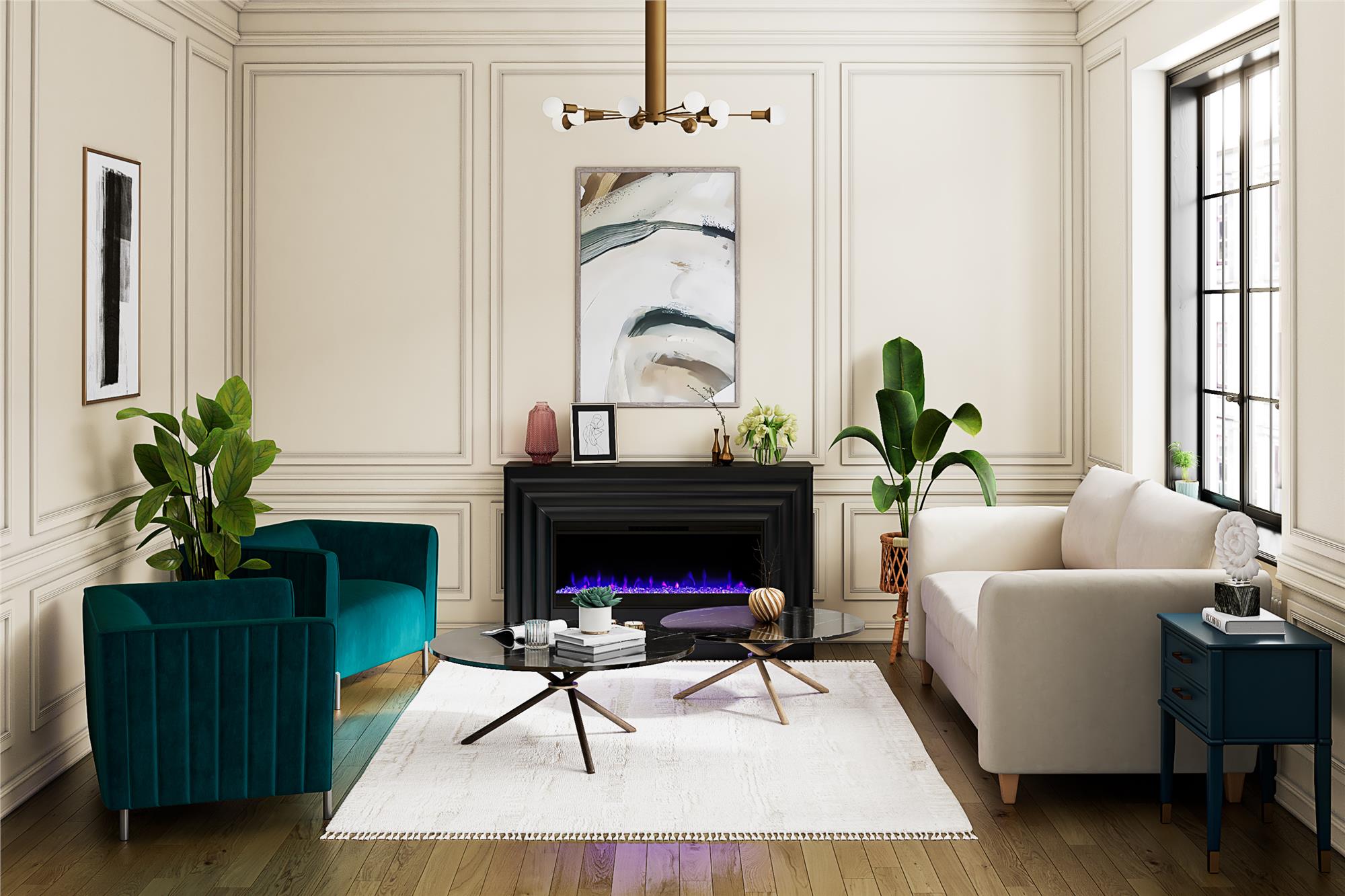 CosmoLiving Rene Electric Fireplace Mantel 65" TV Stand with Multi-Color Flame and Crystal Ember Bed - Black