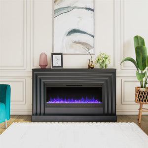 CosmoLiving Rene Electric Fireplace Mantel 65" TV Stand with Multi-Color Flame and Crystal Ember Bed - Black
