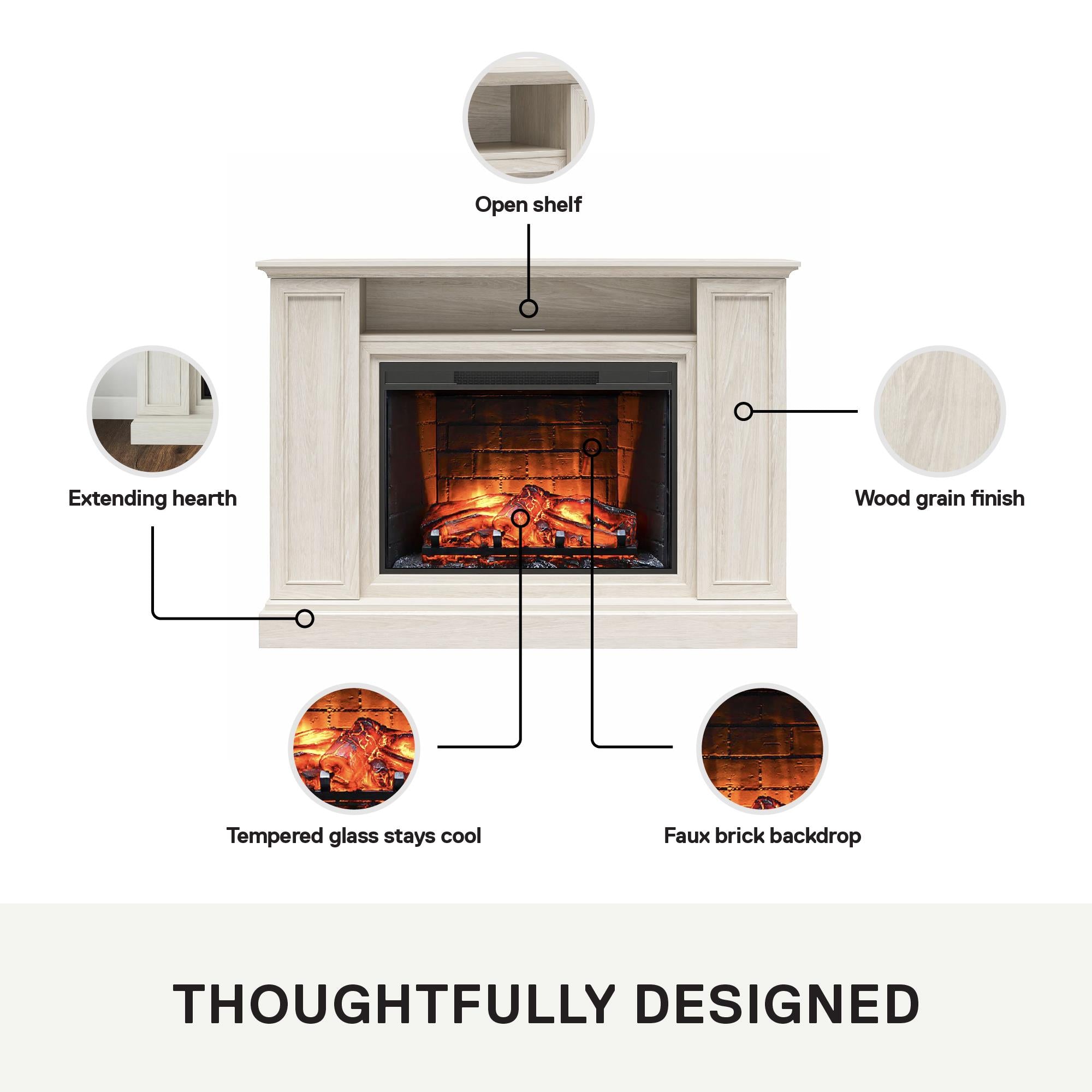 Ameriwood Home Pendleton Multi-Colored Electric Fireplace Mantel TV Stand with Storage for TVs up to 65" - White Oak