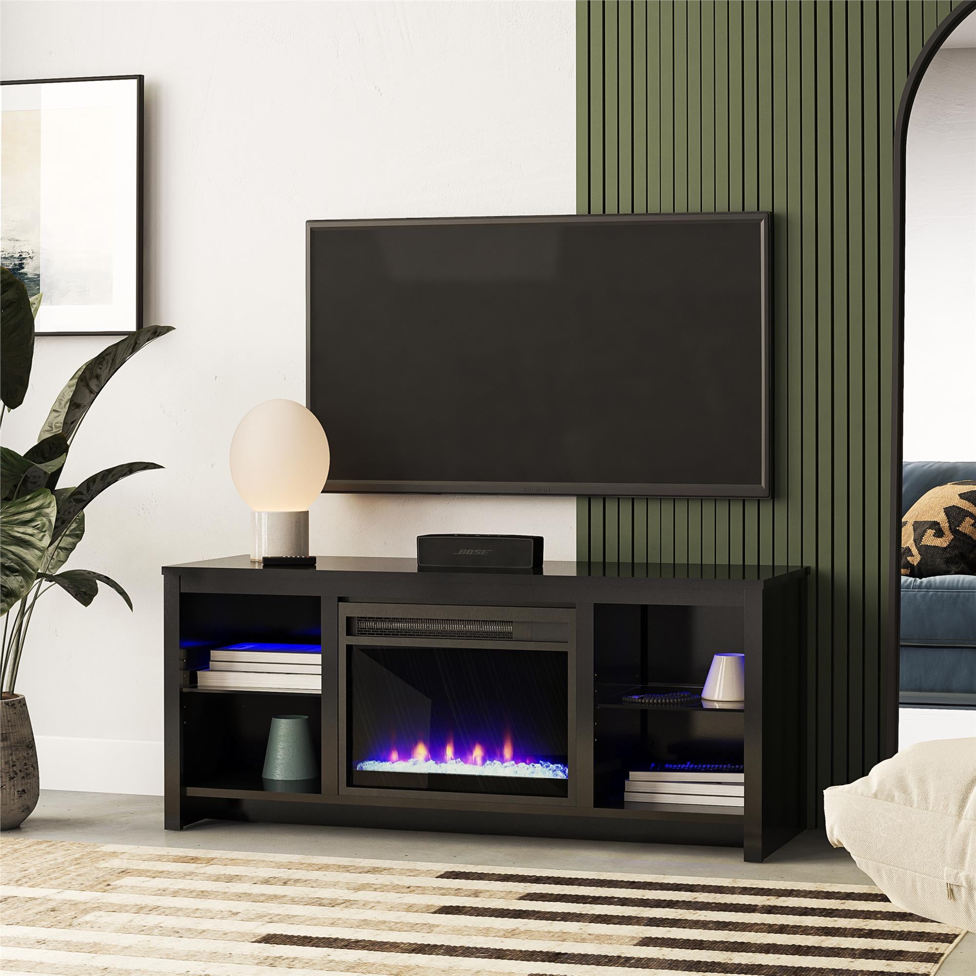 Ameriwood Home Torrick LED Fireplace 55" TV Stand with Crystal Insert - Black