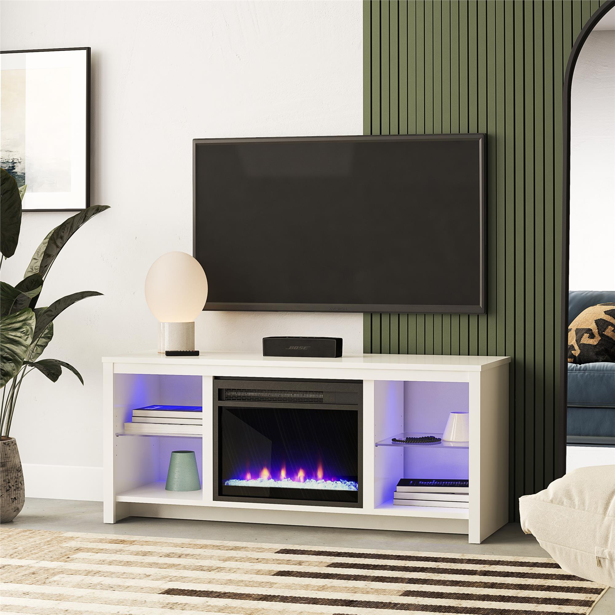 Ameriwood Home Torrick LED Fireplace 55" TV Stand with Crystal Insert - White