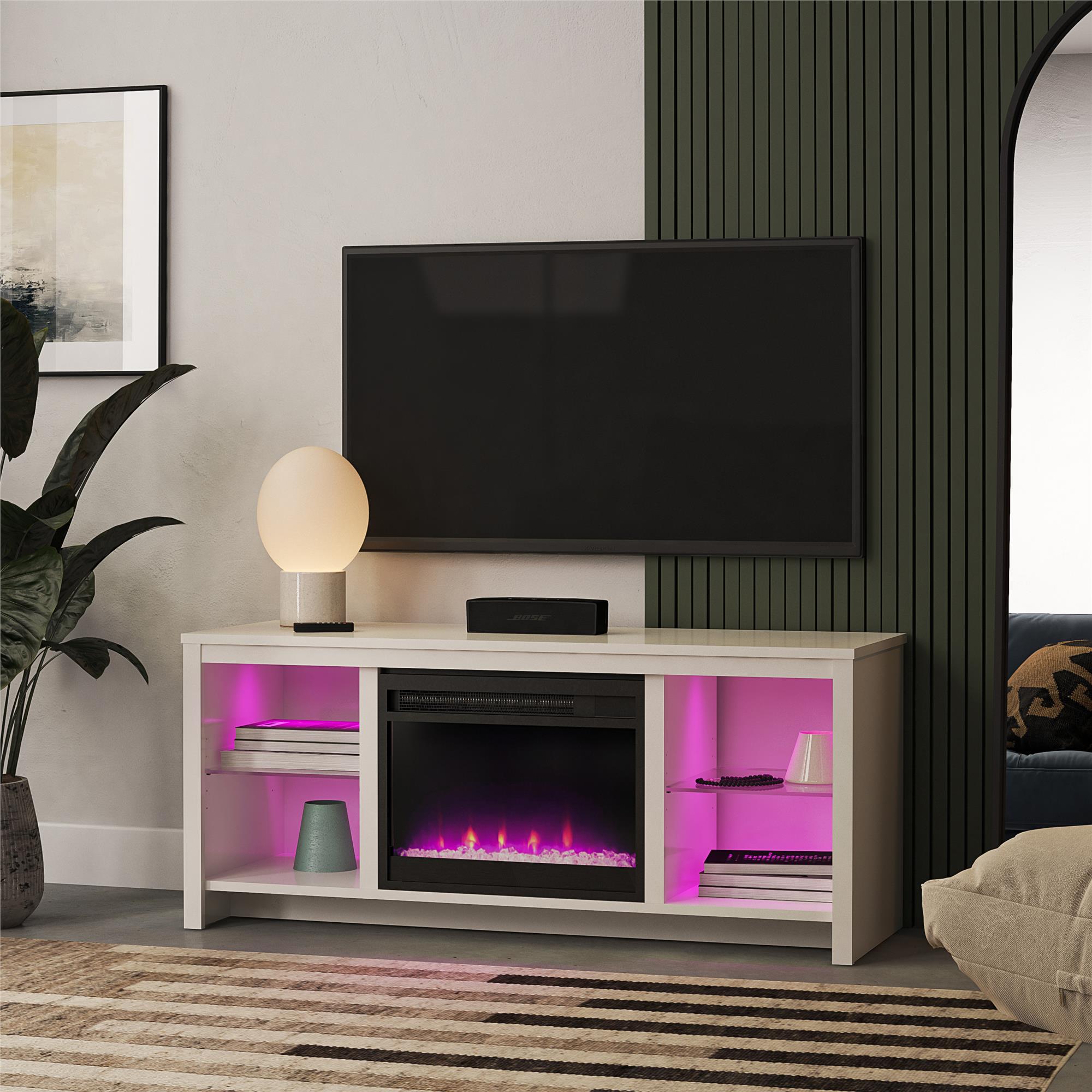 Ameriwood Home Torrick LED Fireplace 55" TV Stand with Crystal Insert - White