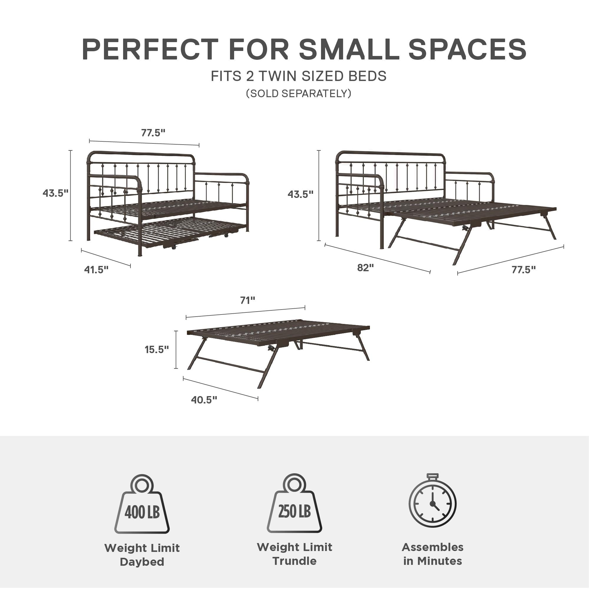 DHP Locky Metal Daybed with Pop Up Trundle - Bronze - Twin-Over-Twin