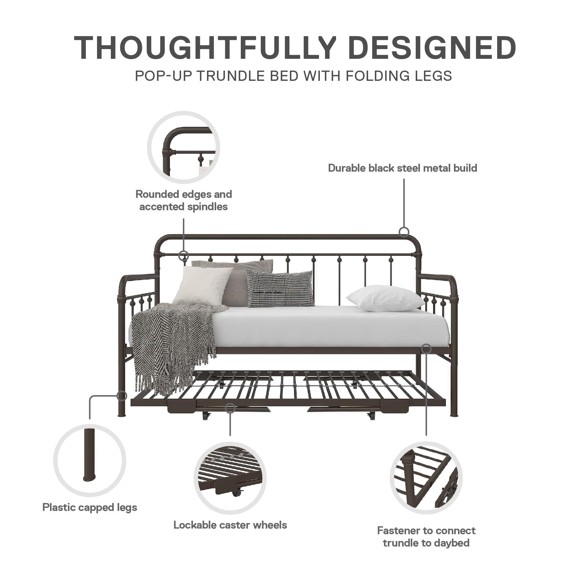 DHP Locky Metal Daybed with Pop Up Trundle - Bronze - Twin-Over-Twin