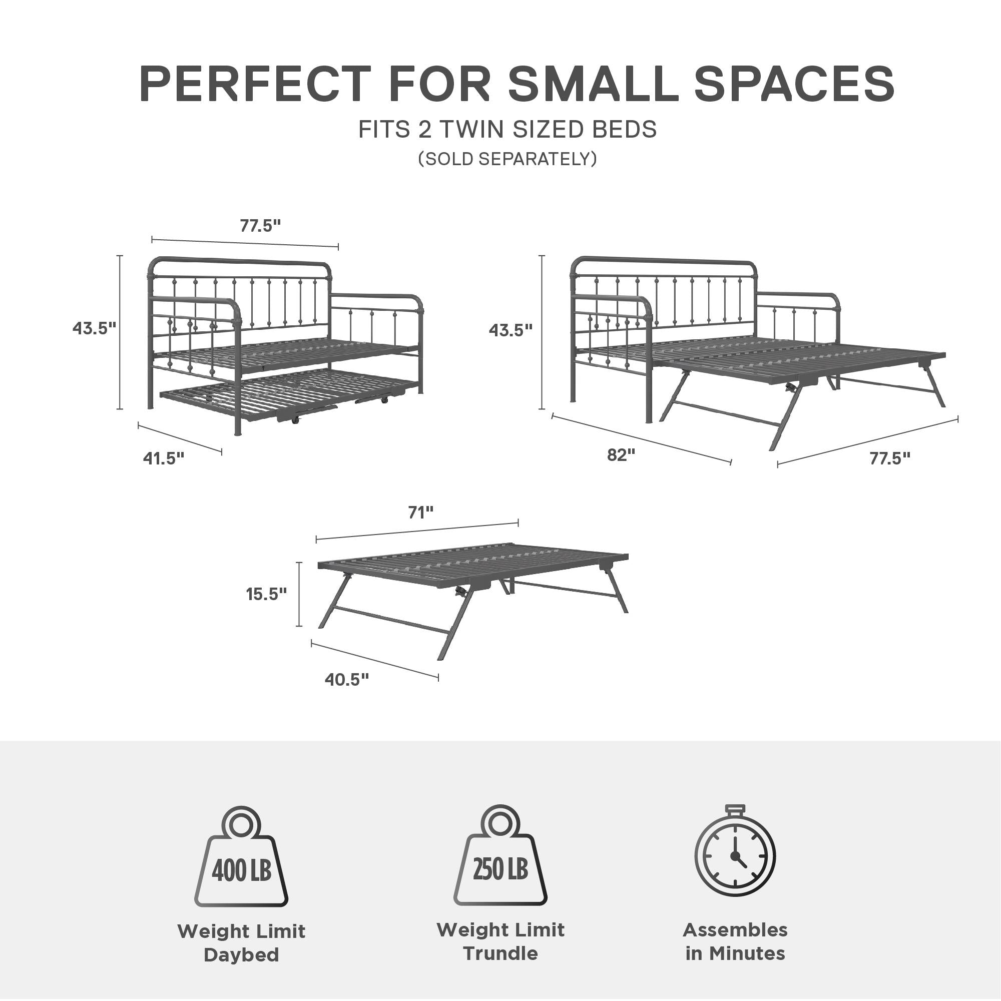 DHP Locky Metal Daybed with Pop Up Trundle - Antique Gunmetal - Twin-Over-Twin