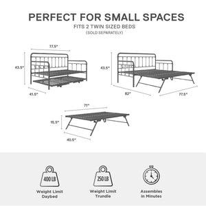 DHP Locky Metal Daybed with Pop Up Trundle - Antique Gunmetal - Twin-Over-Twin