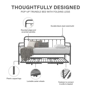 DHP Locky Metal Daybed with Pop Up Trundle - Antique Gunmetal - Twin-Over-Twin