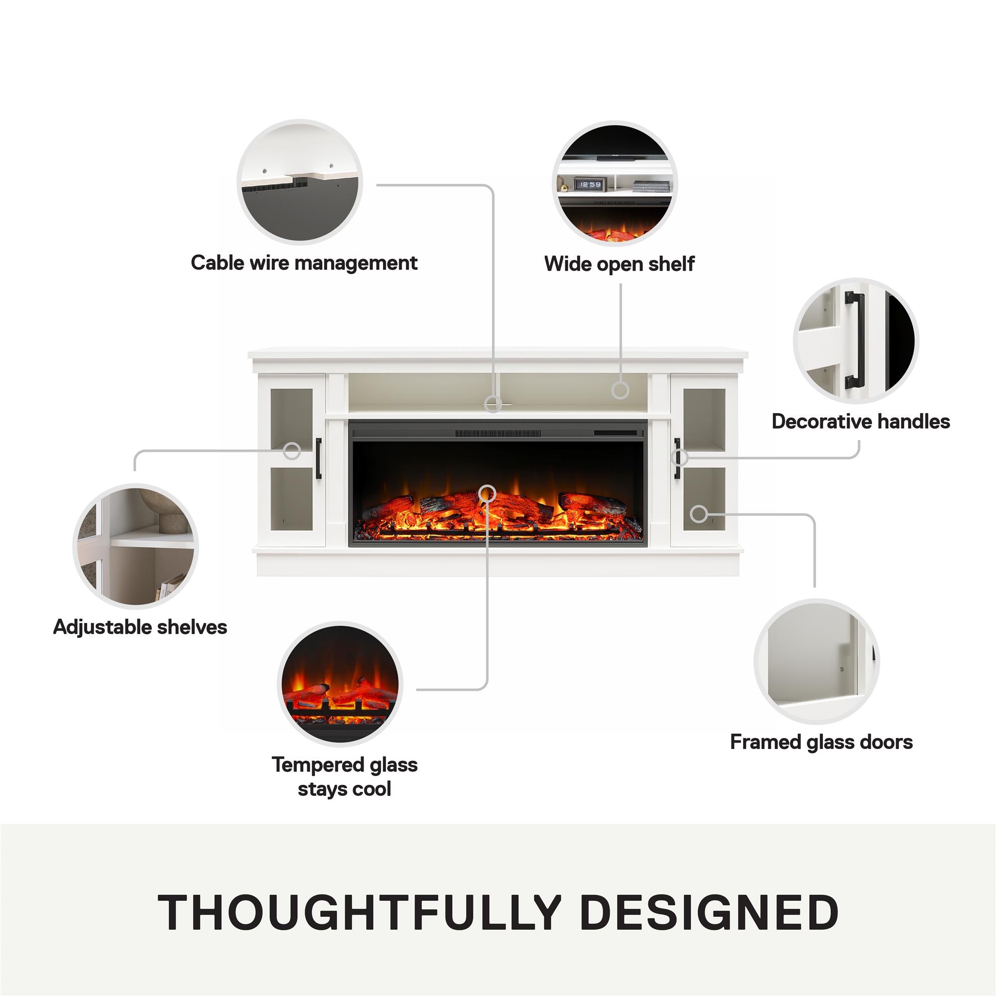 Ameriwood Home Elmcroft Wide TV Console with Electric Fireplace Insert for 75" TVs - White