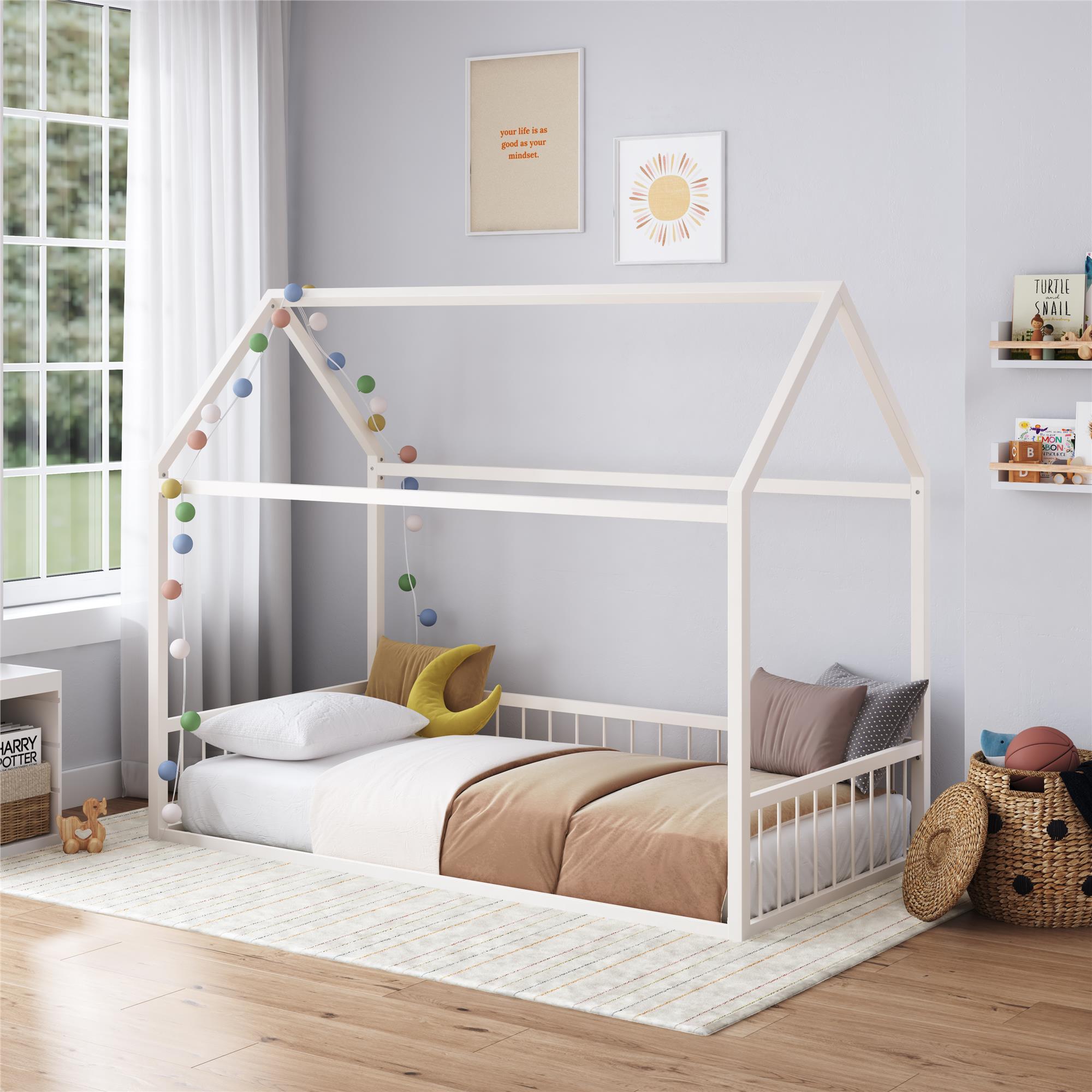 Max & Finn Skyler Metal House Bed with Rail - Off White - Twin