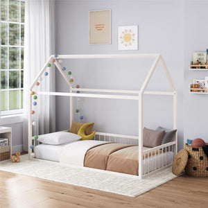 Max & Finn Skyler Metal House Bed with Rail - Off White - Twin