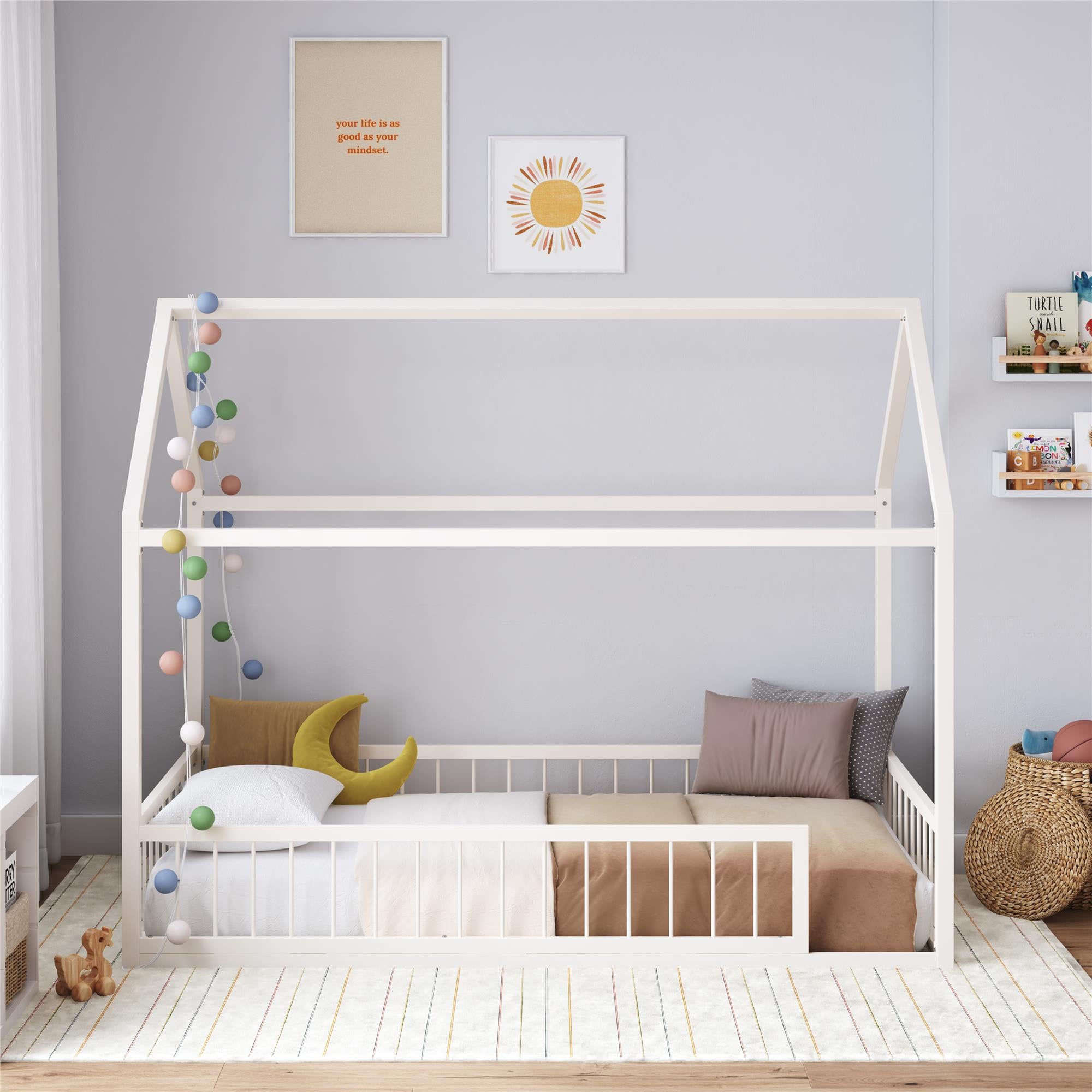 Max & Finn Skyler Metal House Bed with Rail - Off White - Twin