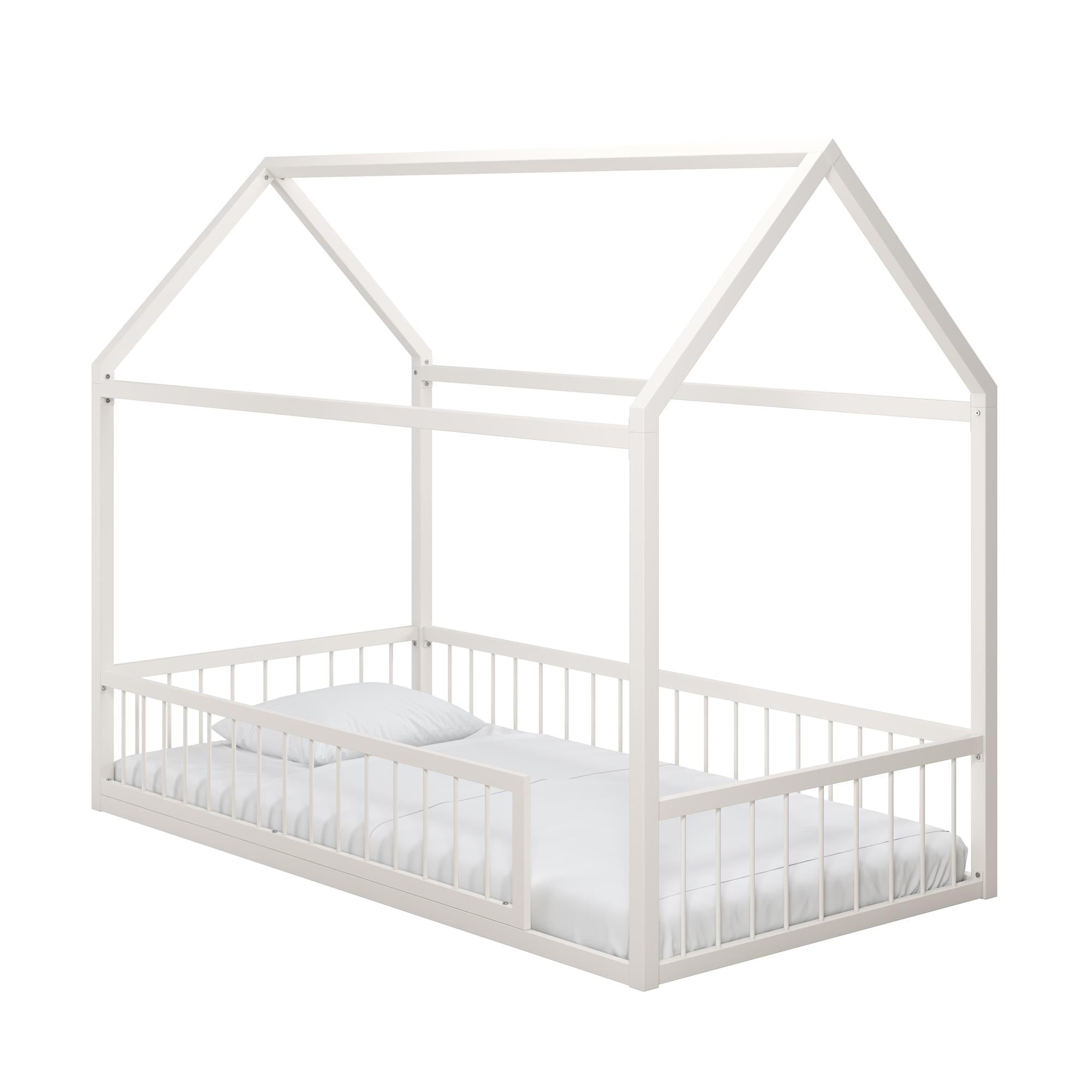 Max & Finn Skyler Metal House Bed with Rail - Off White - Twin