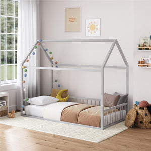 Max & Finn Skyler Metal House Bed with Rail - Dove Gray - Twin
