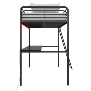 NTense Contra Gaming Loft Bed with Desk and LED Lights - Black - Twin