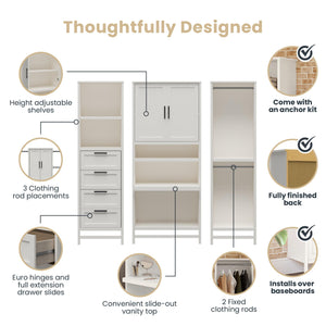 Systembuild Evolution Luxe Wardrobe Closet Organizer with Vanity 3-Piece Bundle - Ivory Oak