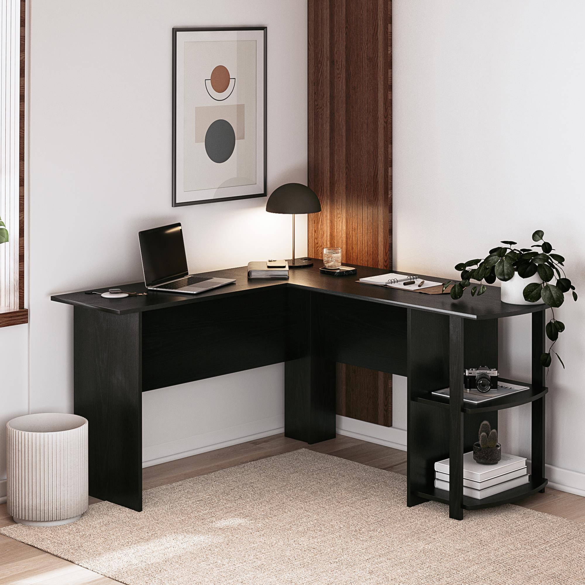 Ameriwood Home Dominic L-Desk with Side Storage Bookshelves - Black Oak
