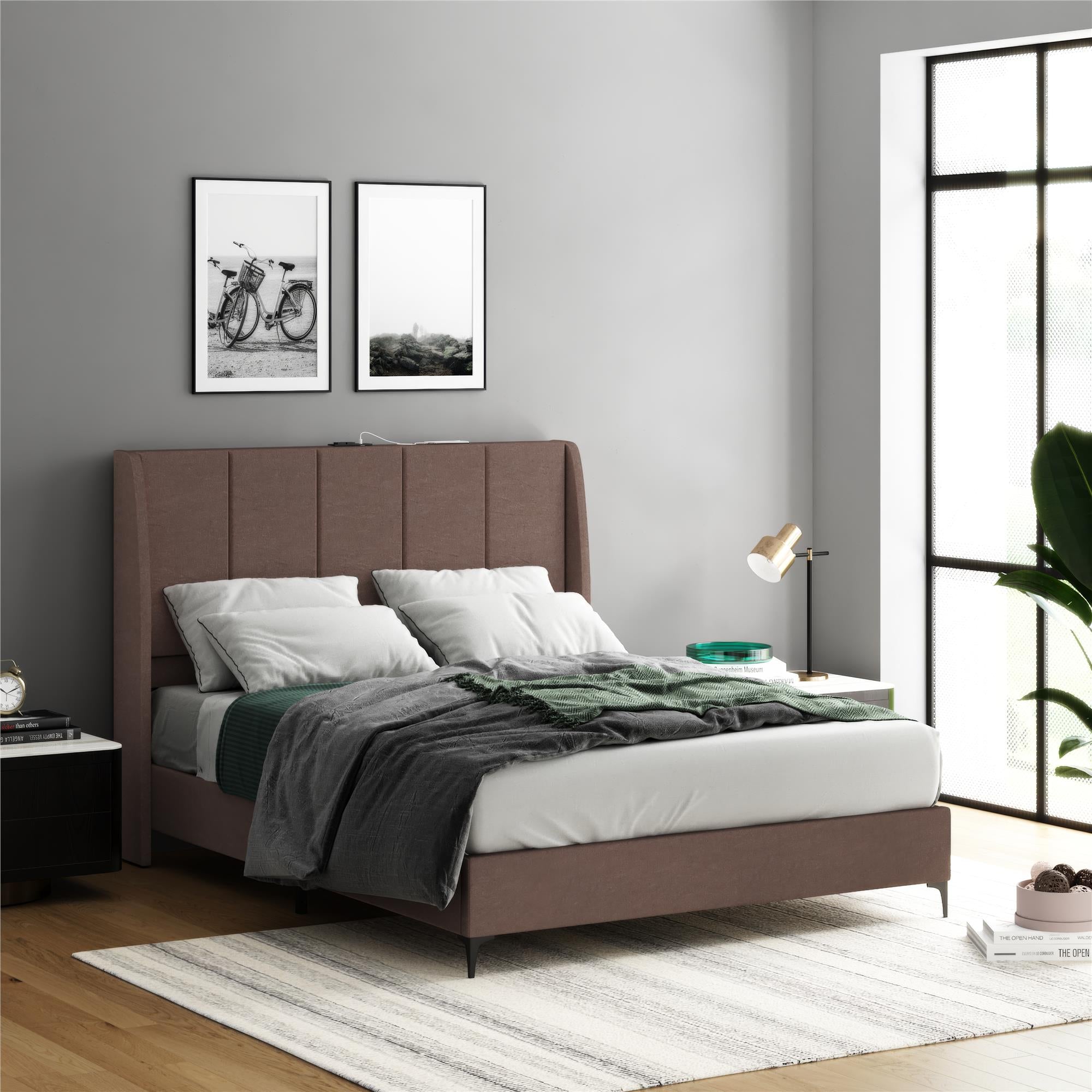 DHP Lamora Upholstered Wingback Bed Frame with USB - Taupe - Queen
