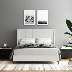 DHP Lamora Upholstered Wingback Bed Frame with USB - Light Gray - Queen