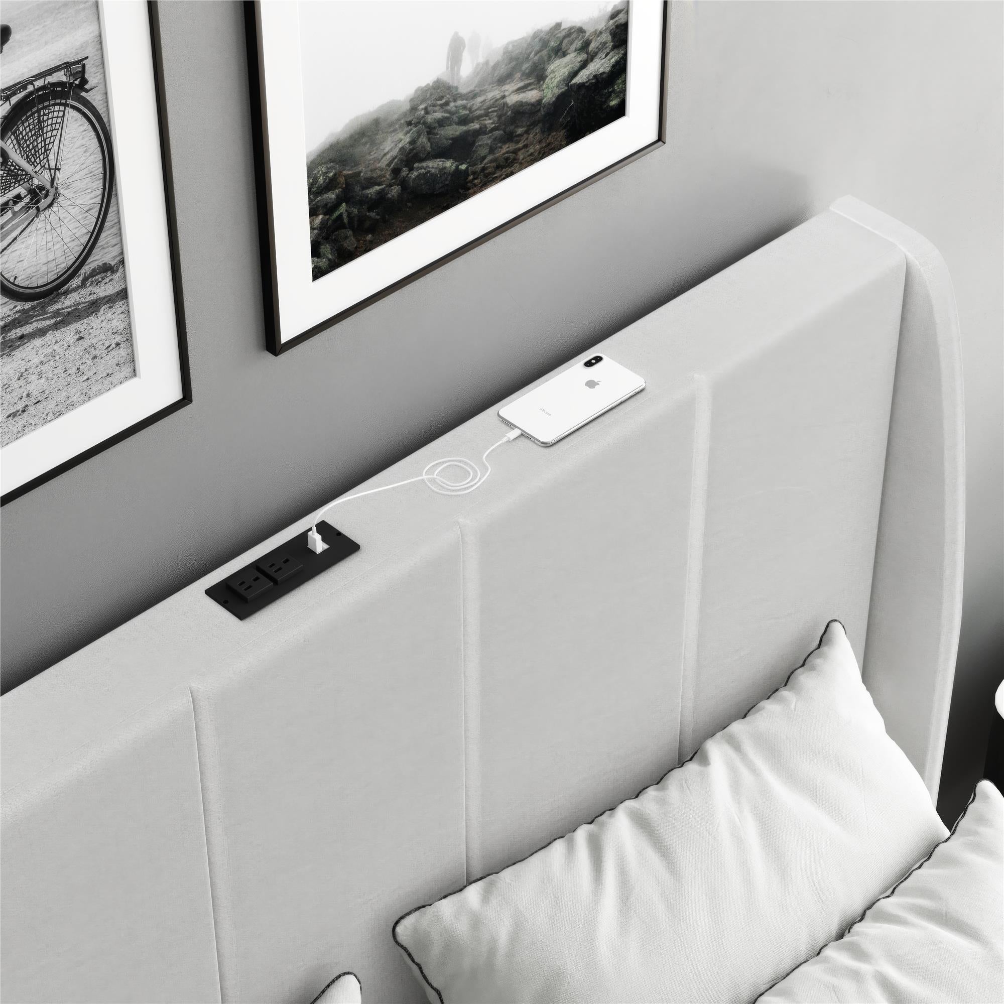 DHP Lamora Upholstered Wingback Bed Frame with USB - Light Gray - Queen