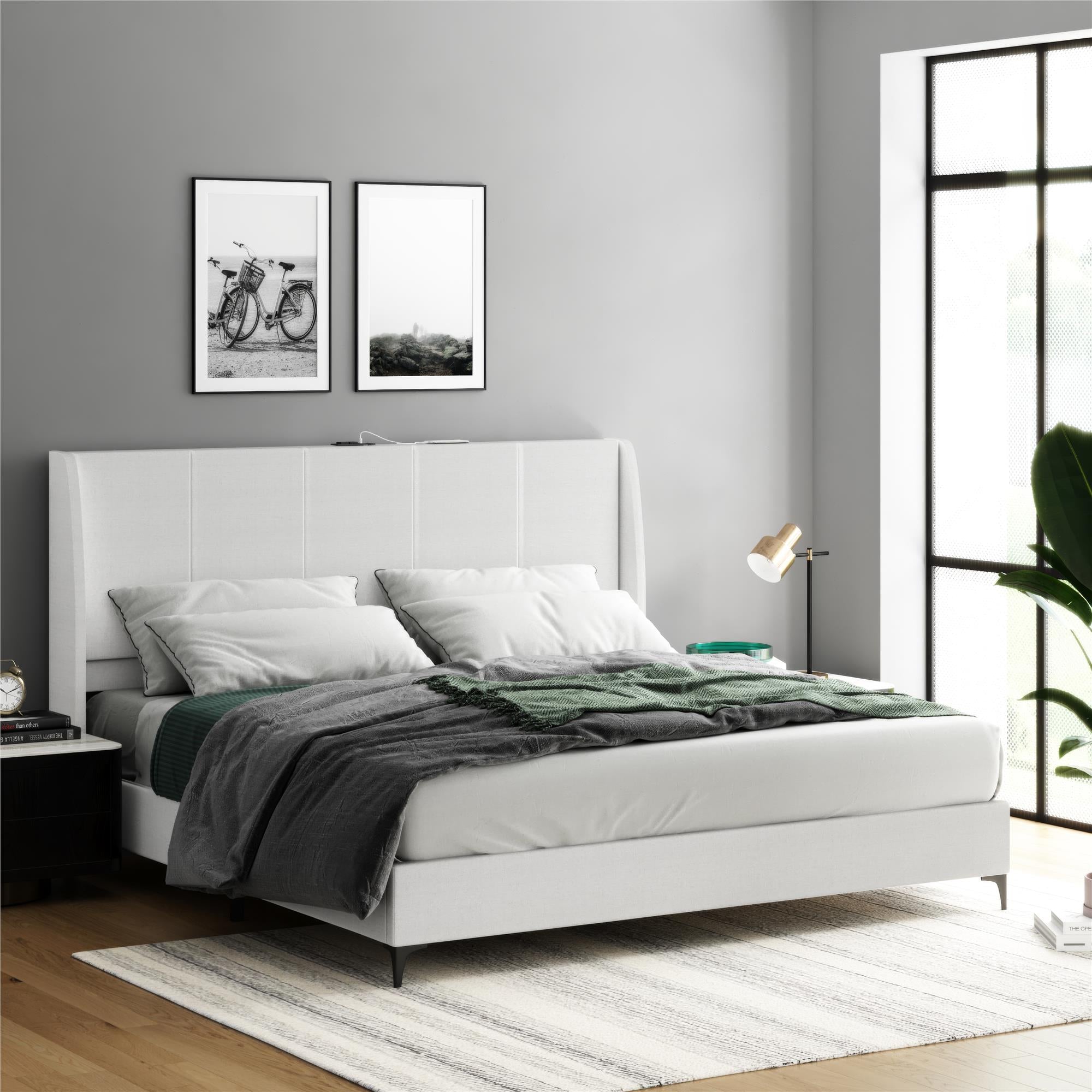 DHP Lamora Upholstered Wingback Bed Frame with USB - Light Gray - King