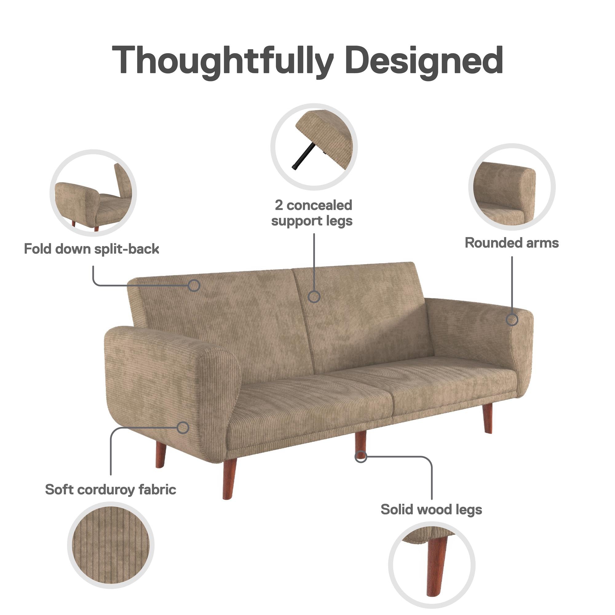 DHP Daylen Mid-Century Futon Sofa Bed - Beige - 2-Seater