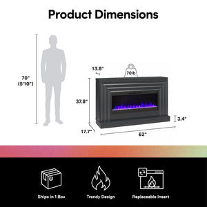 CosmoLiving Rene Electric Fireplace Mantel 65" TV Stand with Multi-Color Flame and Crystal Ember Bed - Black