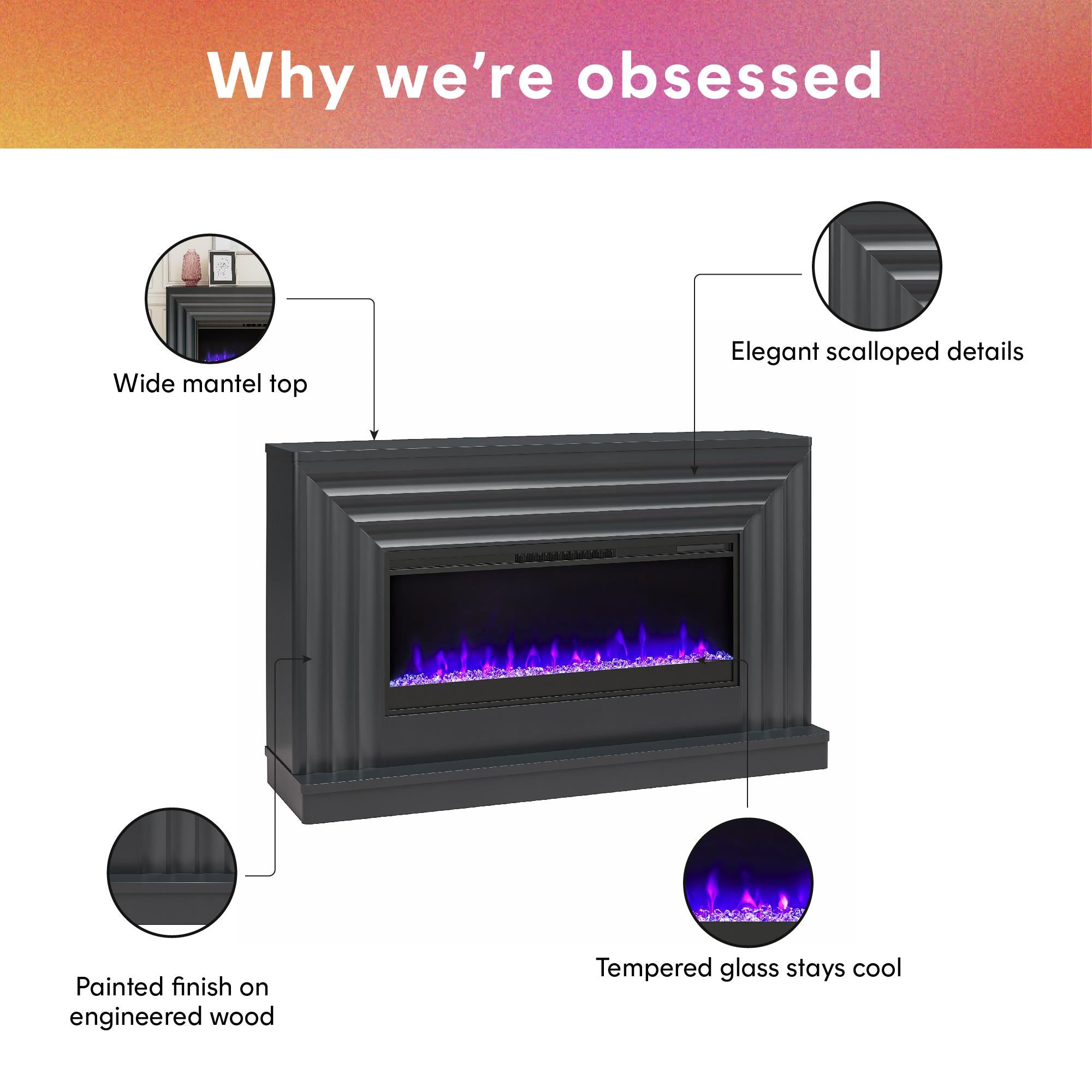 CosmoLiving Rene Electric Fireplace Mantel 65" TV Stand with Multi-Color Flame and Crystal Ember Bed - Black