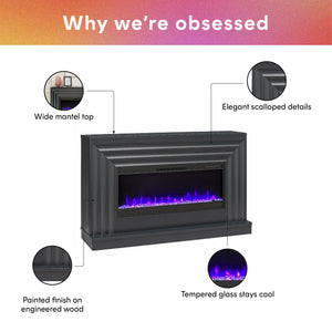 CosmoLiving Rene Electric Fireplace Mantel 65" TV Stand with Multi-Color Flame and Crystal Ember Bed - Black
