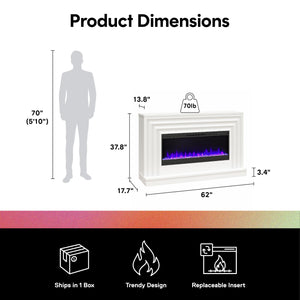 CosmoLiving Rene Electric Fireplace Mantel 65" TV Stand with Multi-Color Flame and Crystal Ember Bed - White