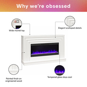 CosmoLiving Rene Electric Fireplace Mantel 65" TV Stand with Multi-Color Flame and Crystal Ember Bed - White