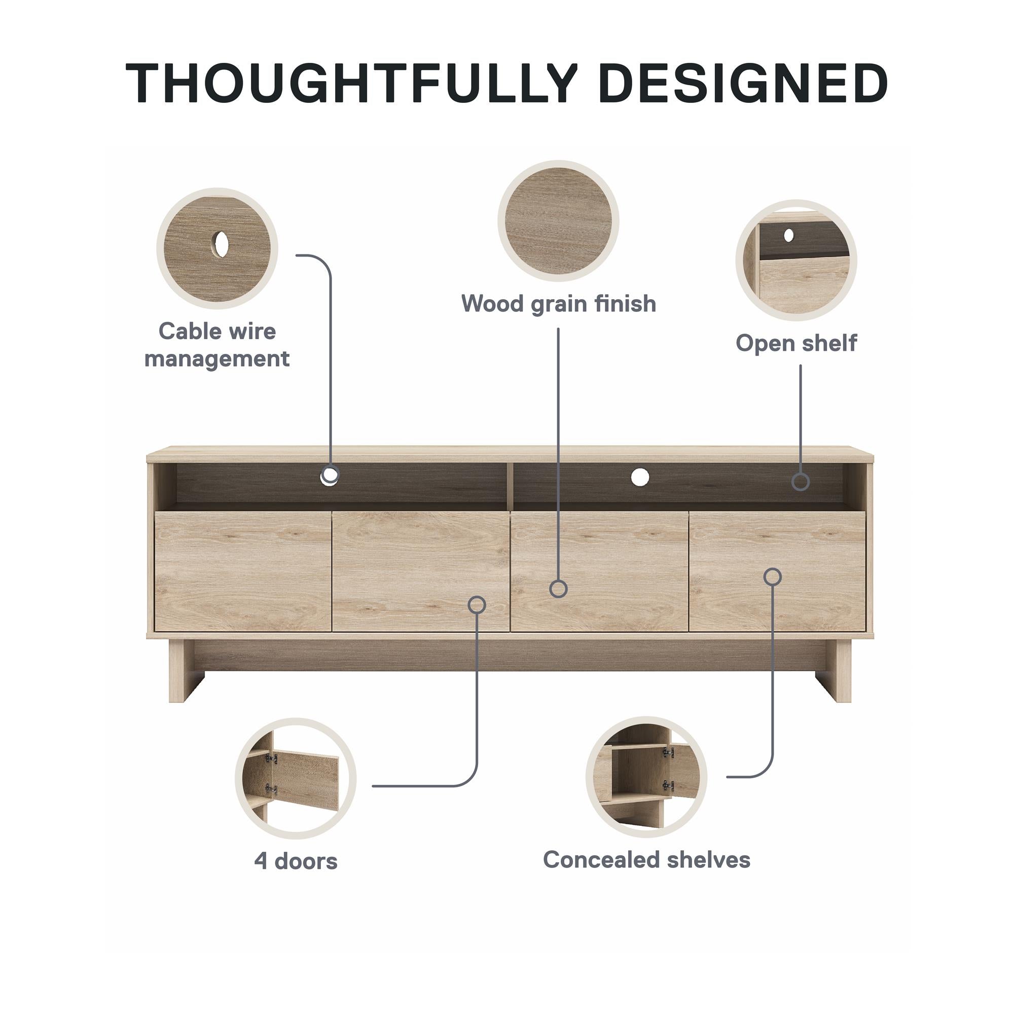 RealRooms Nivelle 4-Door TV Stand Console for TVs up to 75" - Blonde Oak
