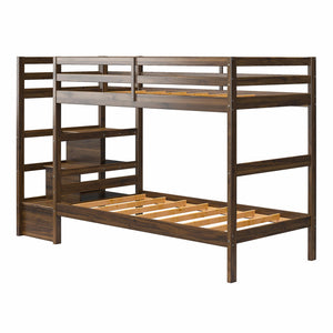 Max & Finn Zaire Wood Bunk Bed with Stairs and Shelves - Mocha Espresso - Twin-Over-Twin