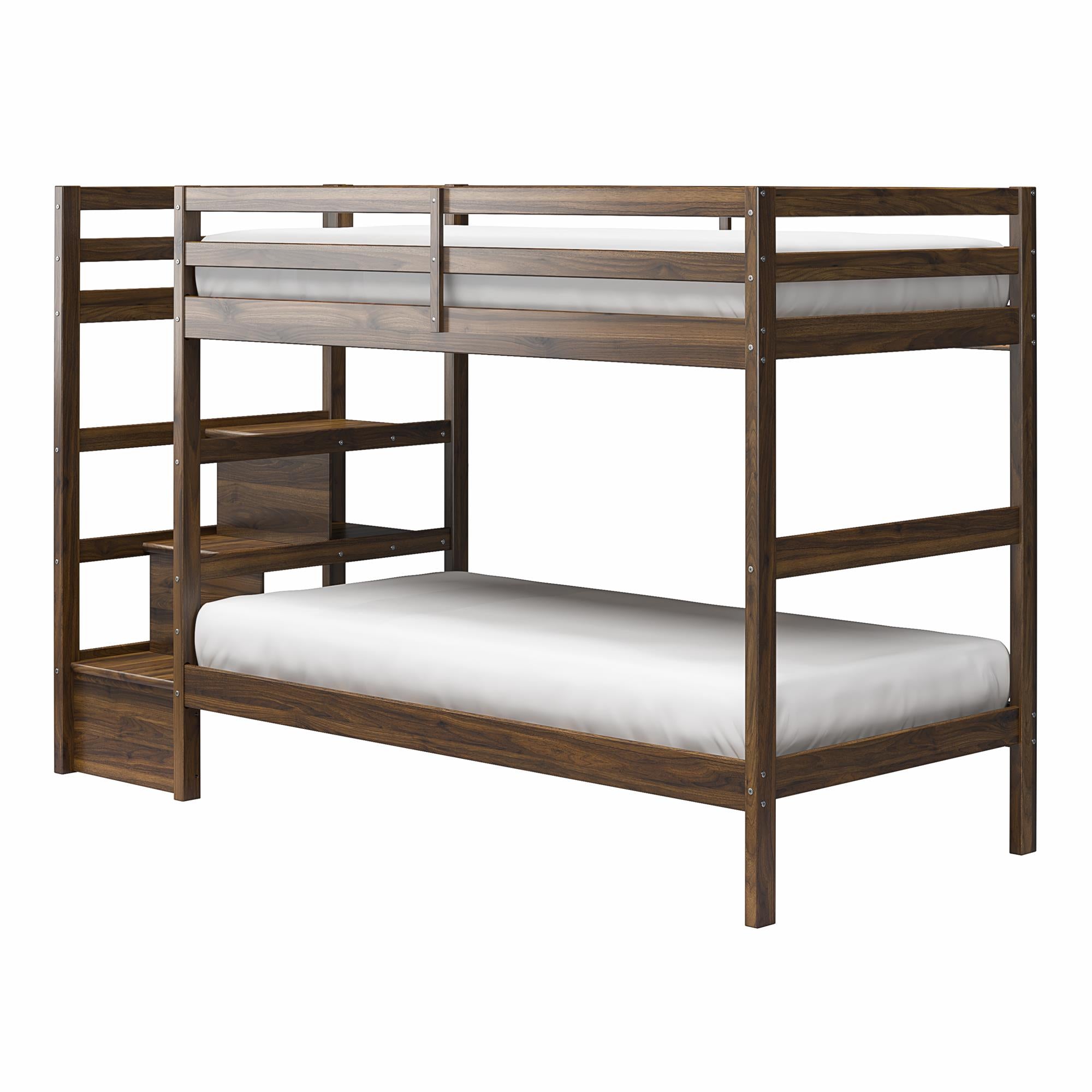 Max & Finn Zaire Wood Bunk Bed with Stairs and Shelves - Mocha Espresso - Twin-Over-Twin