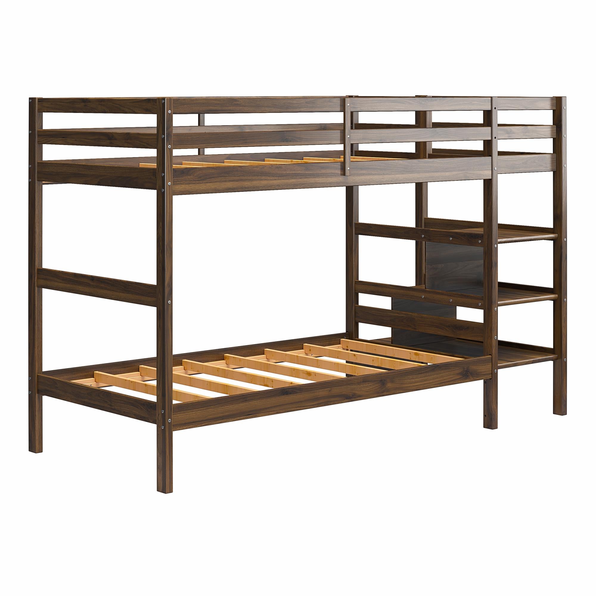 Max & Finn Zaire Wood Bunk Bed with Stairs and Shelves - Mocha Espresso - Twin-Over-Twin
