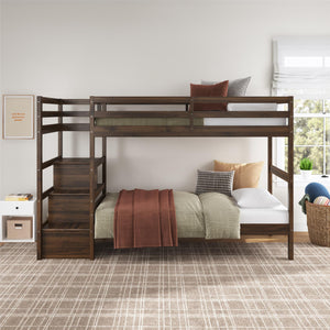 Max & Finn Zaire Wood Bunk Bed with Stairs and Shelves - Mocha Espresso - Twin-Over-Twin