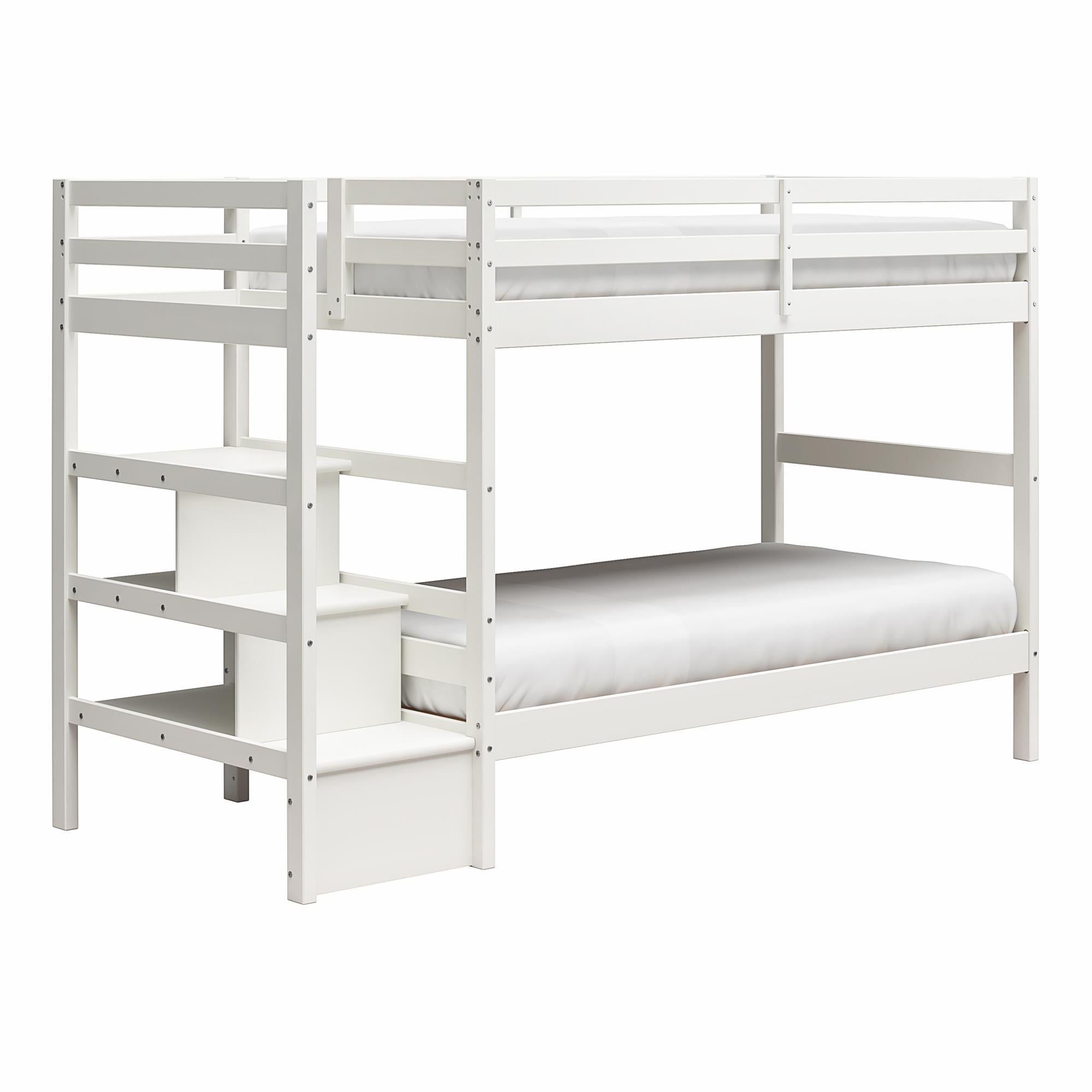 Max & Finn Zaire Wood Bunk Bed with Stairs and Shelves - White - Twin-Over-Twin