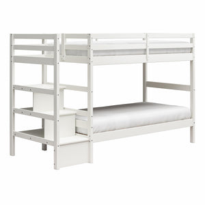 Max & Finn Zaire Wood Bunk Bed with Stairs and Shelves - White - Twin-Over-Twin