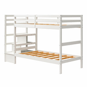 Max & Finn Zaire Wood Bunk Bed with Stairs and Shelves - White - Twin-Over-Twin