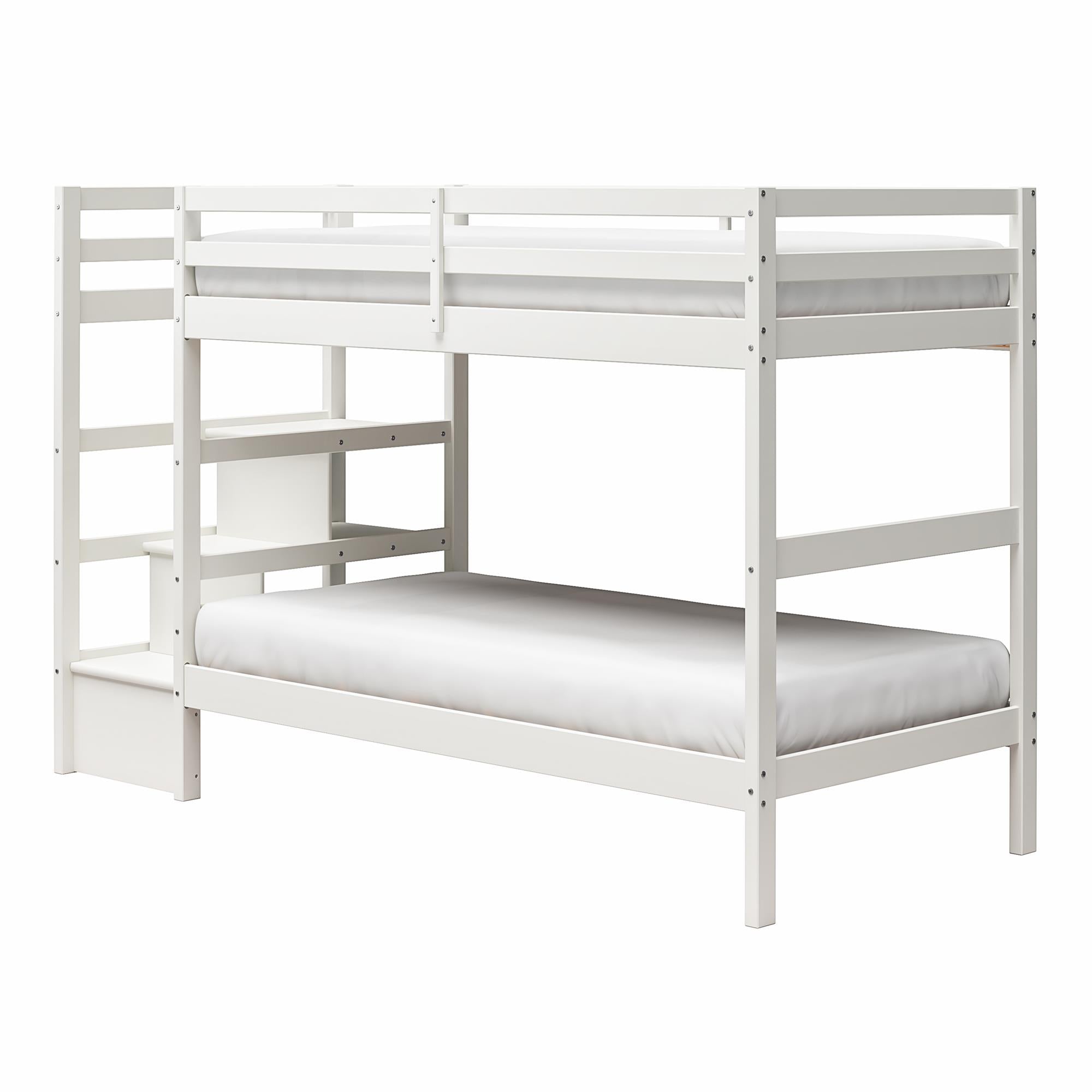 Max & Finn Zaire Wood Bunk Bed with Stairs and Shelves - White - Twin-Over-Twin