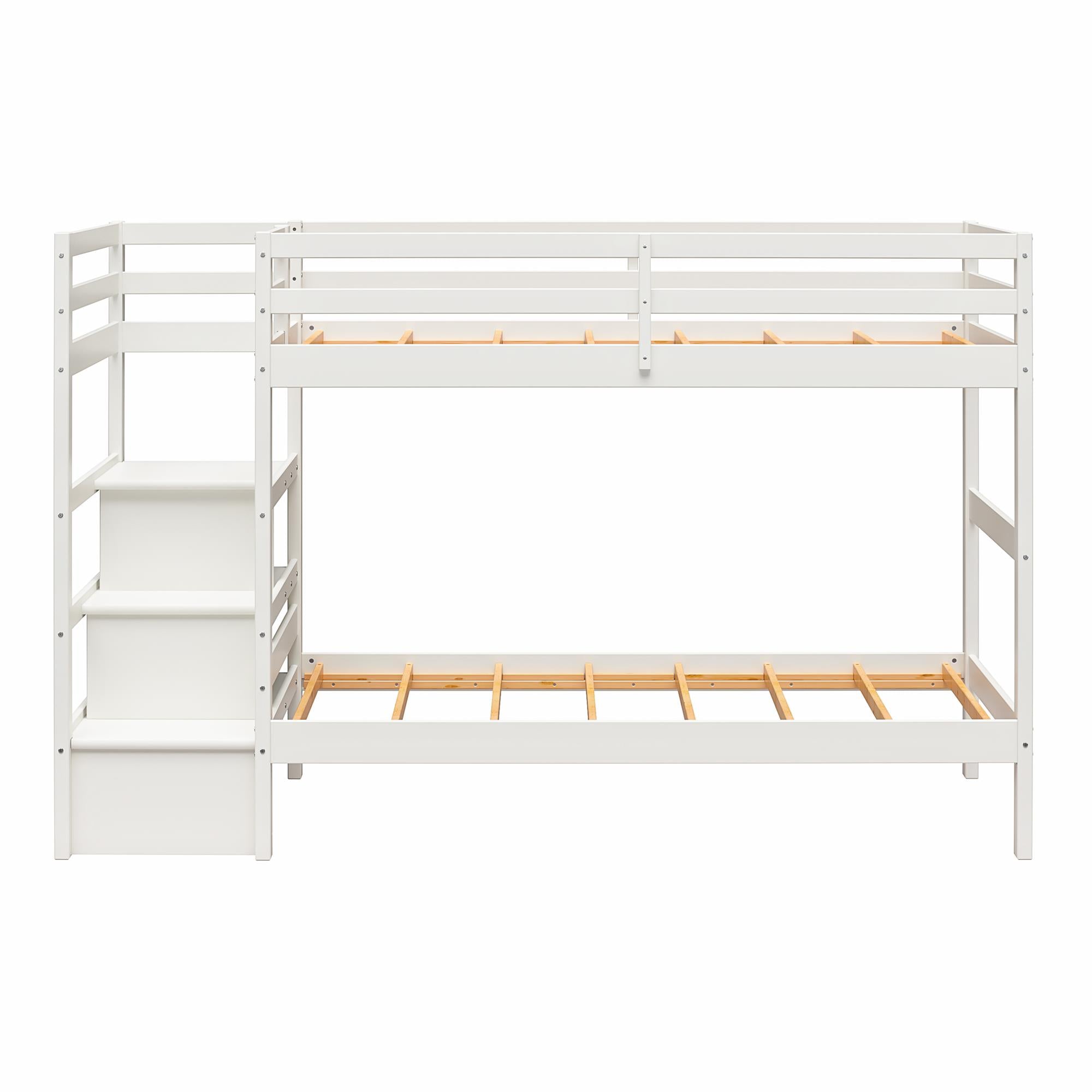 Max & Finn Zaire Wood Bunk Bed with Stairs and Shelves - White - Twin-Over-Twin