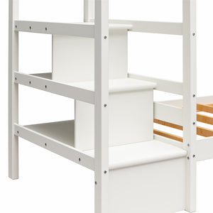 Max & Finn Zaire Wood Bunk Bed with Stairs and Shelves - White - Twin-Over-Twin