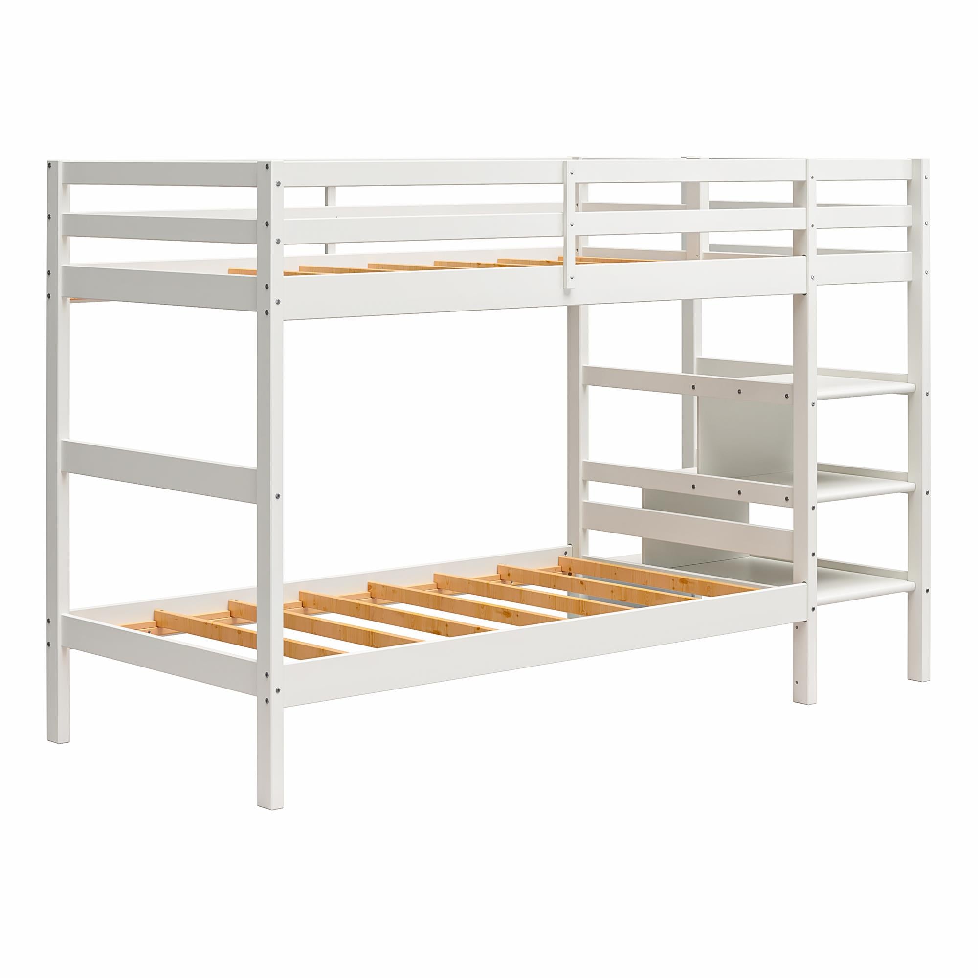 Max & Finn Zaire Wood Bunk Bed with Stairs and Shelves - White - Twin-Over-Twin