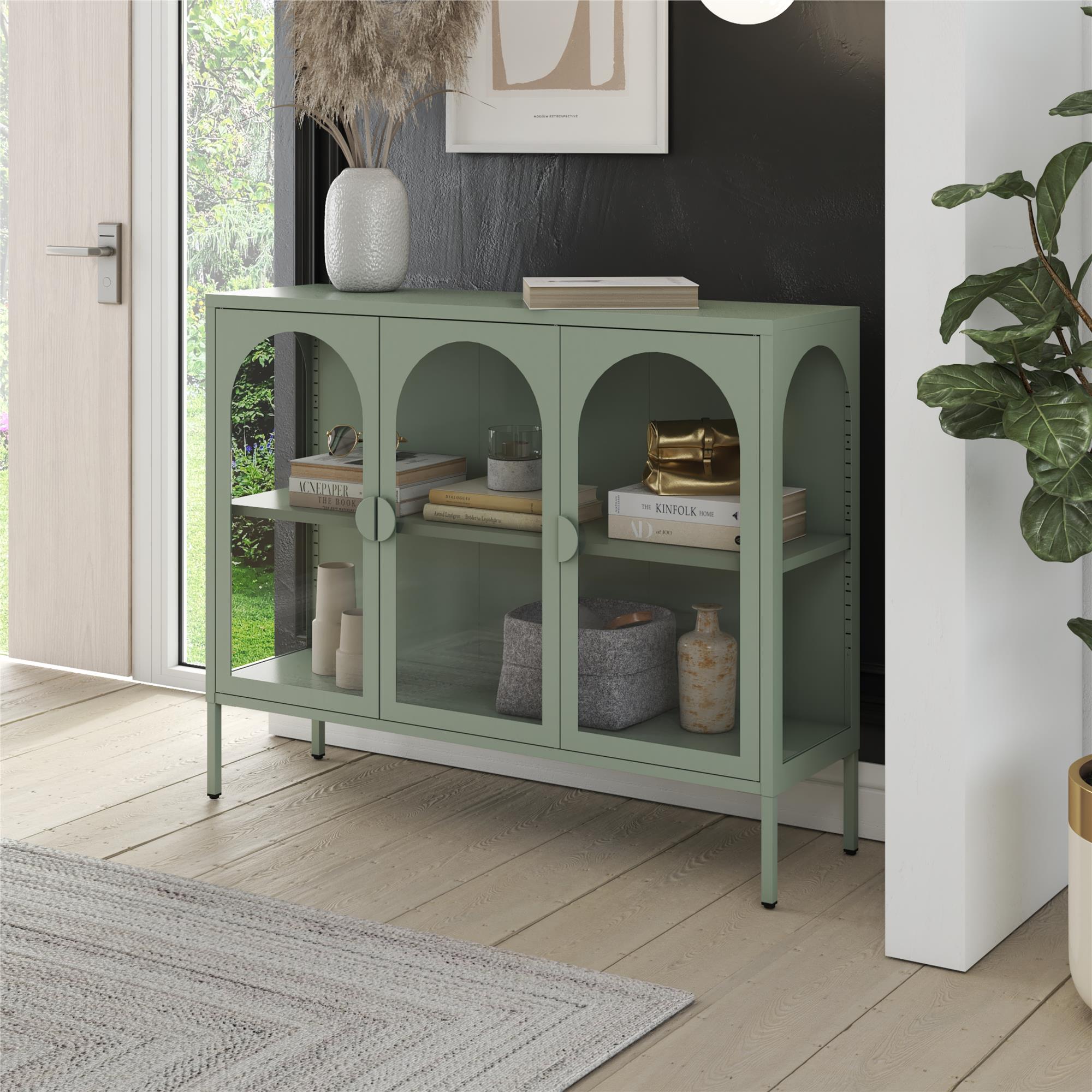 CosmoLiving Chloe Metal Accent Cabinet With 3 Arched Glass Doors - Pale Green - 3 Door