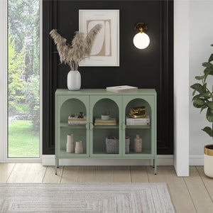 CosmoLiving Chloe Metal Accent Cabinet With 3 Arched Glass Doors - Pale Green - 3 Door